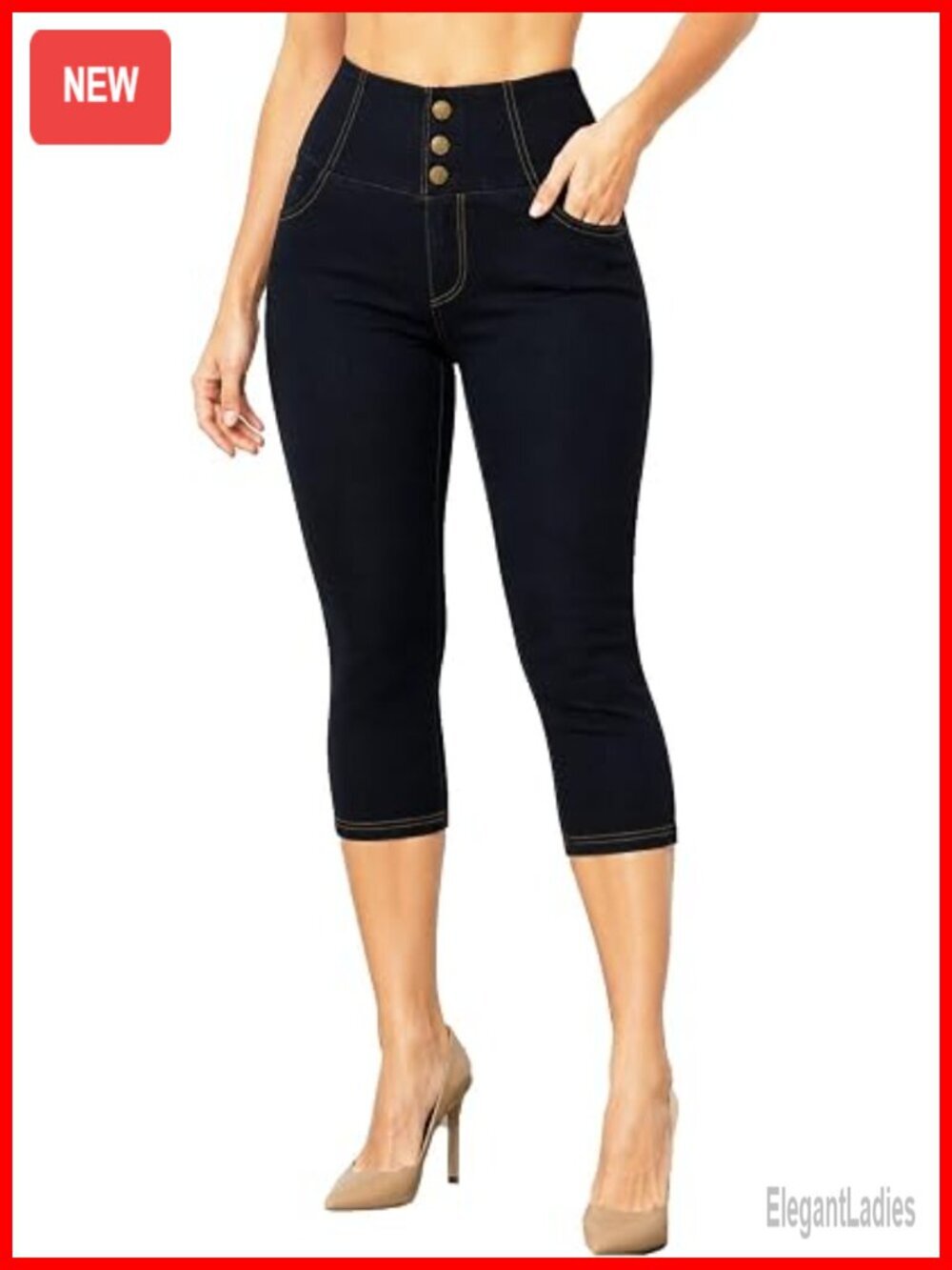 High Rise Capri Knit Denim Jeggings Pull on Stretch Cropped Skinny Pants for